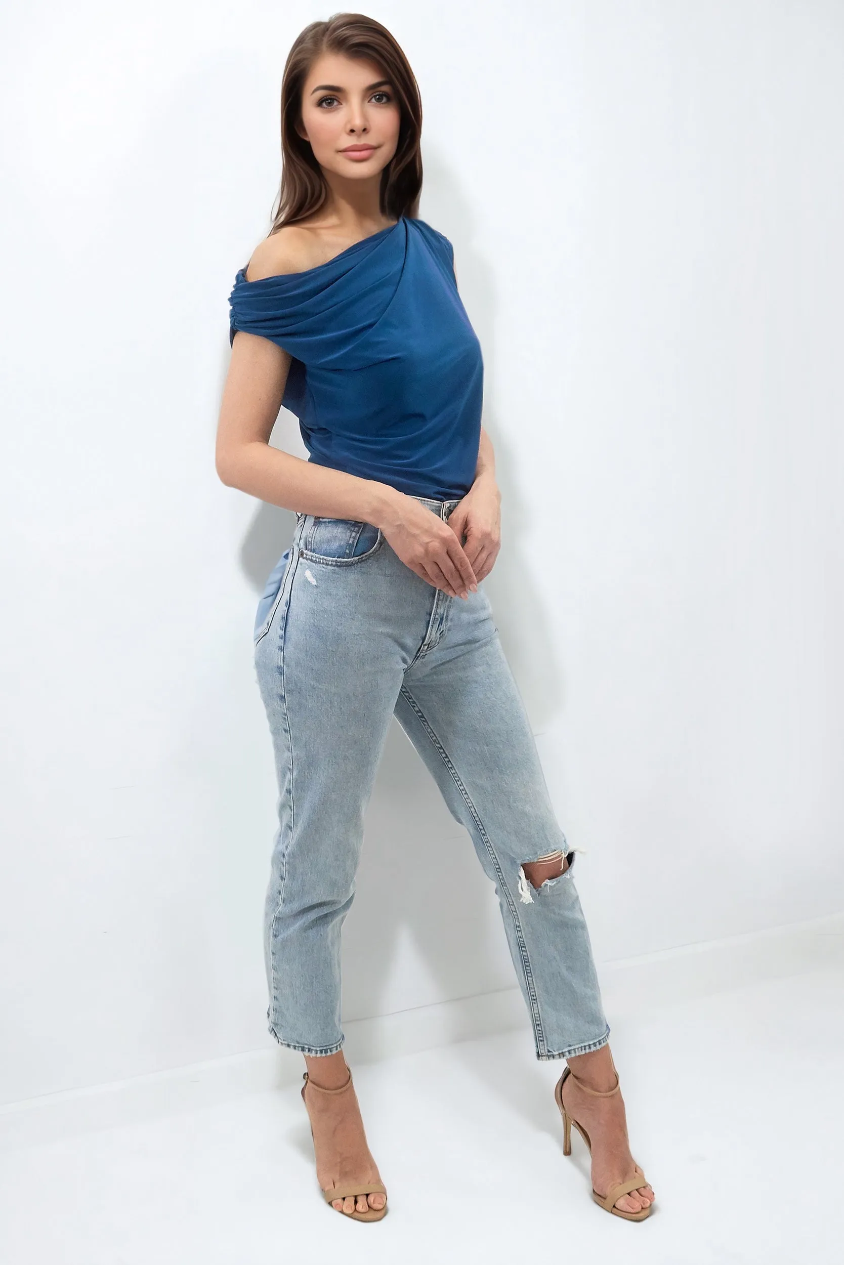 WILLOW BLUE OFF SHOULDER / ONE SHOULDER TOP