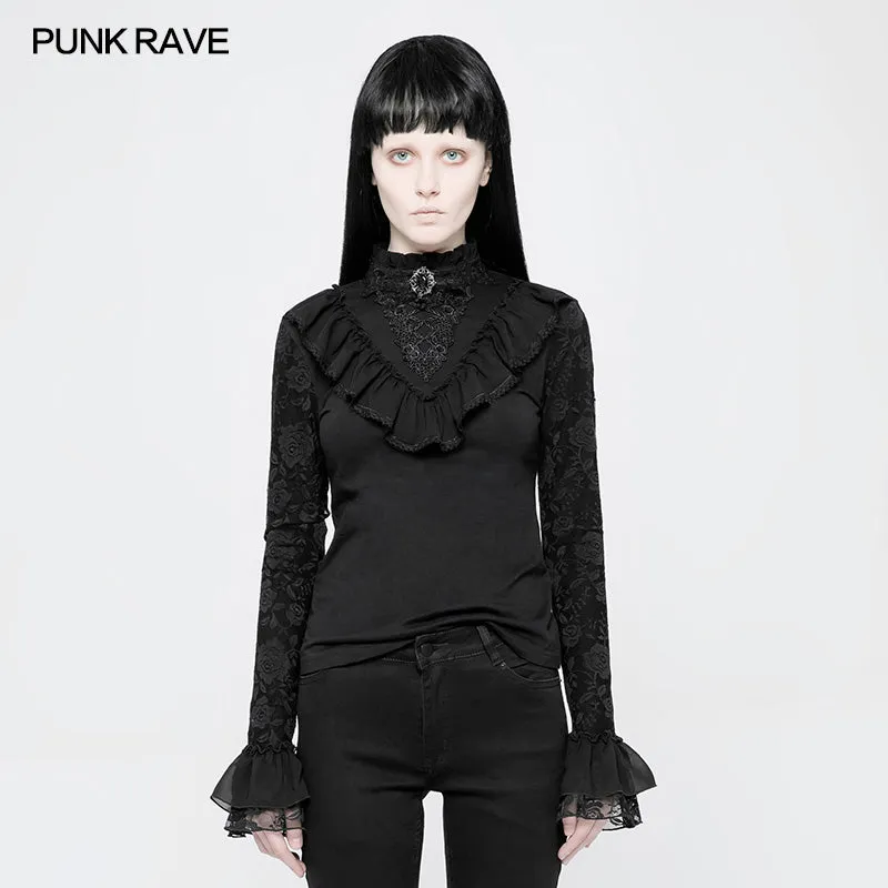 WLT-012 black Lace Stand Collar Lolita T-Shirts For Women