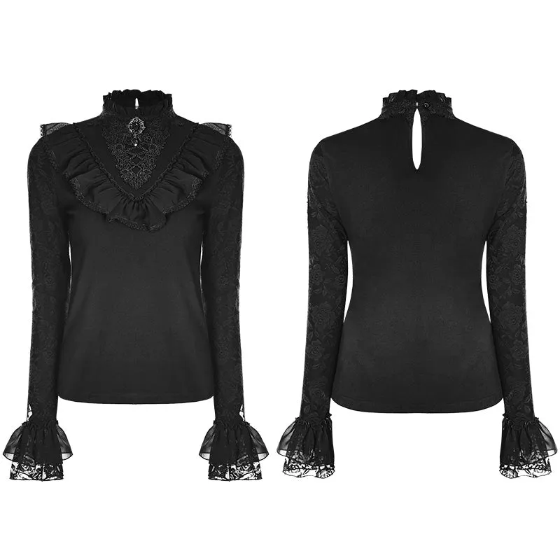 WLT-012 black Lace Stand Collar Lolita T-Shirts For Women