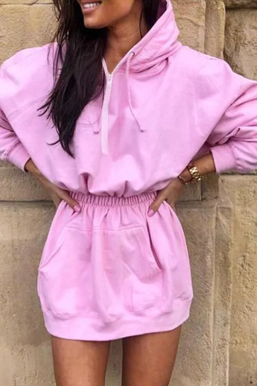 Zipper Drawstring Hooded Mini Dress
